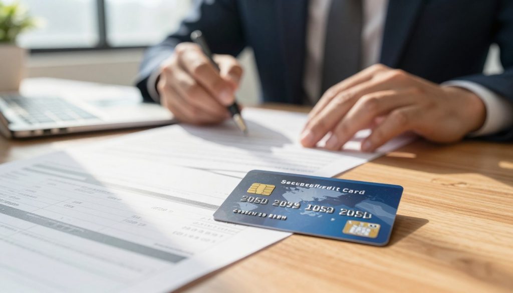 A close-up perspective of a secured credit card lying on a polished wooden desk, surrounded by strategic financial documents such as a budget plan and credit report. In the background, a soft-focus image of a professional financial advisor discussing options with a client, both dressed in business attire. The atmosphere is bright and uplifting, with warm natural light streaming in through a nearby window, casting gentle shadows. The scene conveys a sense of trust and professionalism, emphasizing the benefits of using a secured credit card for rebuilding credit. Highlight the details on the card such as security features and appealing design, ensuring the focus remains on the strategies for financial empowerment.