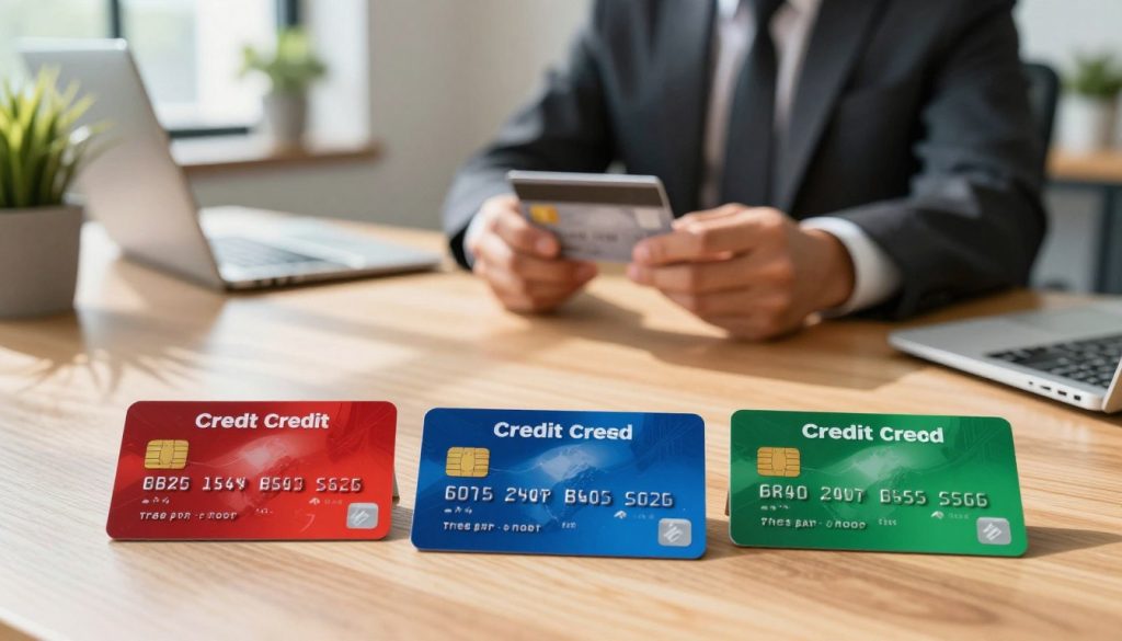 A collection of diverse credit cards prominently displayed on a wooden table in a well-lit office environment. The foreground features three distinct credit cards, each visually representing the concept of options for those with bad credit, with varying designs in bold colors like red, blue, and green. In the middle background, a professional-looking individual in business attire is thoughtfully holding a credit card, symbolizing the importance of financial choices. The office is furnished with a sleek desk and potted plants, creating an inviting atmosphere. Soft natural light filters through a window, casting gentle shadows and highlighting the textures of the cards and the table. The overall mood should convey hopefulness and empowerment, illustrating that better financial opportunities are within reach.