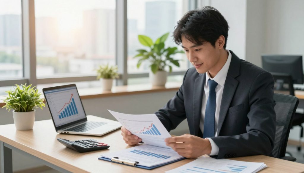 A dynamic scene showcasing the concept of building positive credit history. In the foreground, a professional-looking young adult in business attire is examining financial documents, surrounded by calculators and charts that display upward trends. In the middle, a modern workspace is filled with potted plants and a laptop highlighting a credit score rising graph. In the background, large windows let in warm, natural light that enhances the welcoming atmosphere, with a city skyline visible beyond. The overall mood is optimistic and productive, emphasizing growth and achievement in financial health. The image should be well-composed with a focus on clarity and detail, shot from a slightly elevated angle to capture the entire workspace setup.