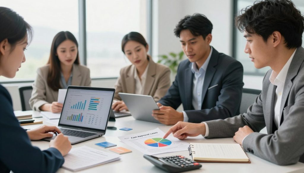 A modern office interior with a focus on a diverse group of four professional individuals gathered around a sleek conference table, brainstorming over financial documents and a laptop displaying graphs of loan offerings. In the foreground, a hand is pointing at a colorful pie chart titled "Fast Approval Loans," showcasing various loan options. In the middle, the table is scattered with business cards, a calculator, and a notepad filled with notes. The background features large windows with soft, natural light streaming in, creating an inviting atmosphere. The mood is one of collaboration and optimism, reflecting busy entrepreneurial energy. The individuals, dressed in professional business attire, exude confidence and determination, embodying the drive for small business success.