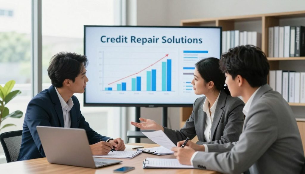 A modern office setting depicting effective credit repair solutions. In the foreground, a diverse group of three professionals (two men and one woman) in smart business attire, engaged in a focused discussion over documents and a laptop. The middle ground features a large digital screen displaying positive credit score graphs and charts, symbolizing improvement. Soft, natural lighting coming from large windows creates a warm and inviting atmosphere, emphasizing a sense of hope and professionalism. In the background, shelves filled with books on finance and credit management add depth to the scene. The angle should be slightly above eye level, providing a clear view of the interaction and the screen, capturing the essence of teamwork and expertise in the field of credit repair.