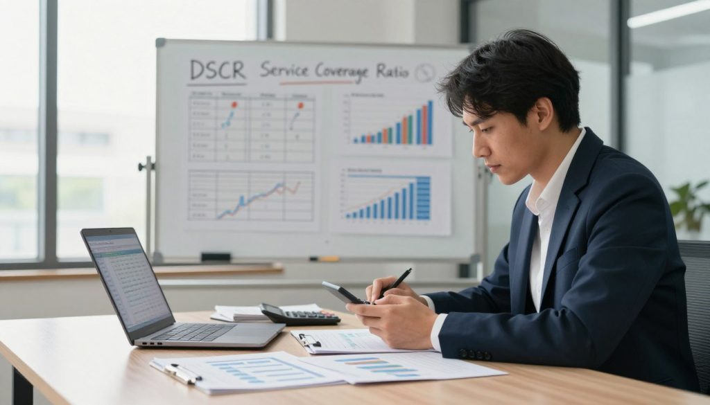 A modern office setting featuring a professional businessperson in business attire, deeply engaged in calculating the Debt Service Coverage Ratio (DSCR). In the foreground, a sleek desk is cluttered with financial documents, a calculator, and a laptop displaying a spreadsheet. The middle ground showcases a large whiteboard filled with calculations, graphs, and visual representations of income and debt, illustrating the DSCR concept. In the background, large windows let in natural light, casting a warm glow over the room. The atmosphere is focused and serious, emphasizing the importance of financial assessments for small business funding. The scene is captured with a slightly soft focus, creating a professional and inviting mood that encourages productivity.