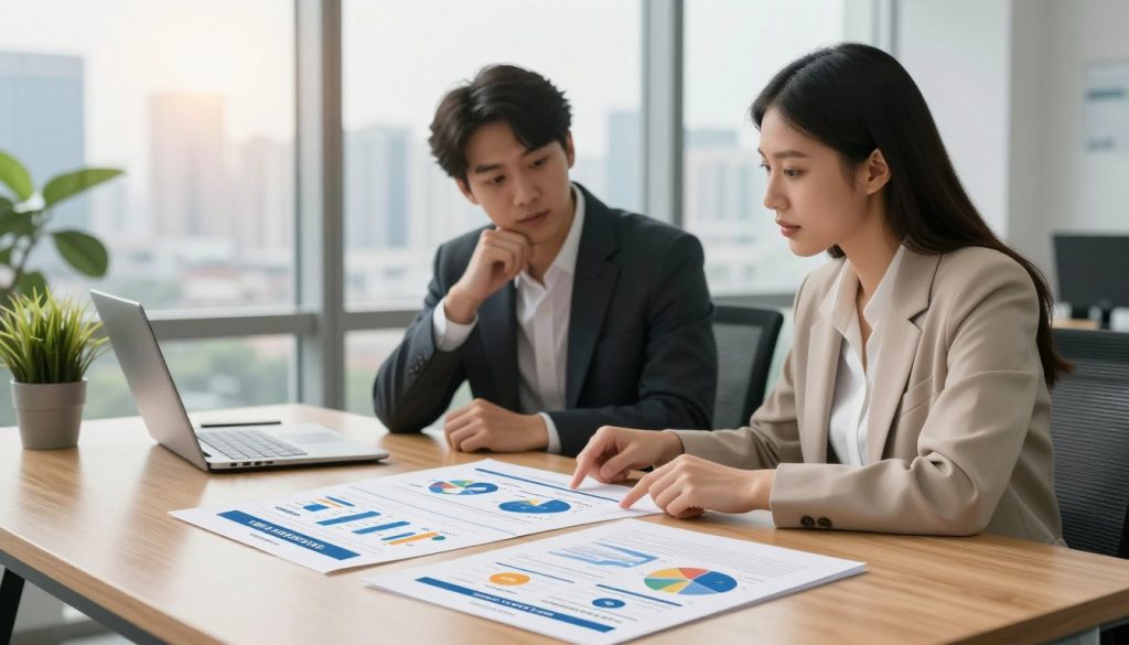 A modern office setting showcasing a detailed comparison of low APR business loans. In the foreground, a sleek wooden table is adorned with professional documents and charts depicting loan percentages and terms, neatly organized. In the middle ground, two business professionals—one male and one female—are engaged in a discussion, both dressed in professional business attire. The man's focused expression conveys analytical thought, while the woman points at a chart, highlighting a key point. In the background, a large window reveals a city skyline bathed in warm, natural light, enhancing the productive atmosphere. A few potted plants add a touch of greenery, contributing to a fresh, optimistic mood. The image is captured with a soft focus, emphasizing the subjects engaged in collaboration while maintaining clarity on the loan comparison materials.