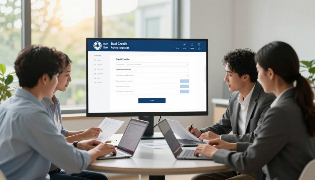 A modern, professional office space depicting the online bad credit loan application process. In the foreground, a diverse group of three people—two men and one woman—are seated at a sleek, round table, each using a laptop and reviewing documents. They are dressed in professional attire, projecting a collaborative atmosphere. The middle layer features a large screen displaying a simple, user-friendly online loan application interface, with visible fields and options. In the background, a large window reveals a bright, sunny day, with greenery outside, creating an optimistic mood. Soft, diffused natural lighting enhances the warm colors of the space. The angle captures both the table and the screen, focusing on the interactions among the individuals as they engage in the application process.