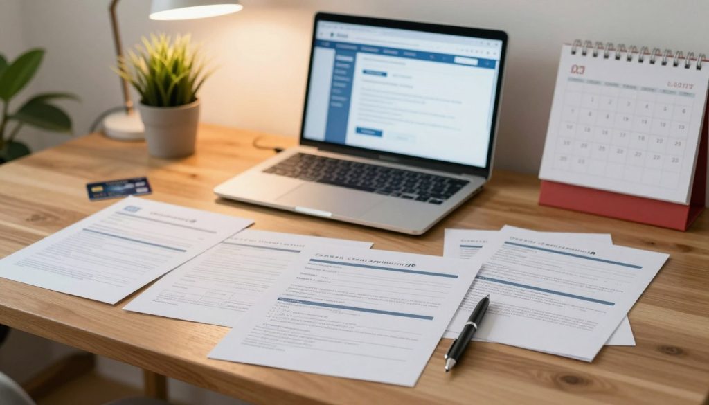 A neatly arranged workspace featuring several credit card application documents scattered across a wooden desk. In the foreground, there are forms including personal information sections and boxes for financial details, with a sleek pen placed beside them. In the middle background, a modern laptop displays a credit card application webpage, illuminated softly by a warm desk lamp that casts gentle shadows. A potted plant adds a touch of greenery to the scene, while a blurred wall calendar indicating the current month leans against the wall, creating an inviting and organized atmosphere. The image is well-lit, conveying a feeling of professionalism and readiness, captured from a slightly elevated angle to provide a comprehensive view of the workspace.