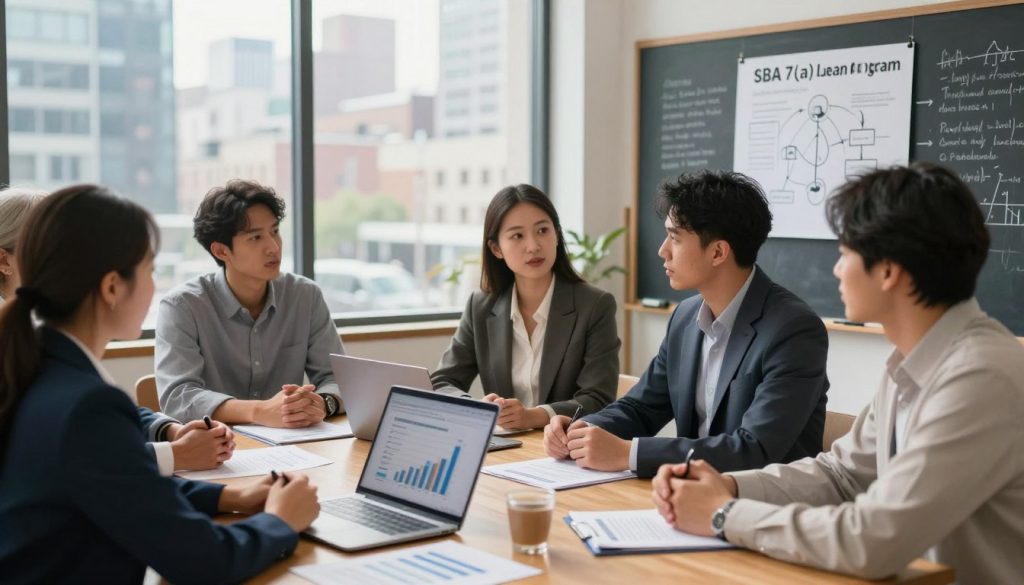 A professional and informative scene illustrating the SBA 7(a) Loan Program. In the foreground, a diverse group of small business owners, including a woman wearing a sharp business suit and a man in smart casual attire, are engaged in a discussion around a wooden table filled with financial documents and a laptop displaying graphs. The middle ground features a large window showcasing a bustling city view, symbolizing growth and opportunity. The background contains a chalkboard or whiteboard with diagrams and notes on government funding programs. The lighting is bright and warm, evoking a sense of optimism and professionalism. The overall mood of the image is focused and collaborative, capturing the essence of small business support and financial guidance.