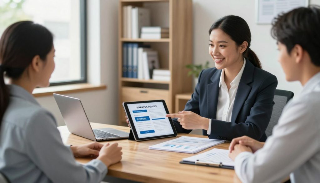 A professional and inviting office environment focusing on financial services. In the foreground, a smiling financial advisor in smart business attire engages in a discussion with a diverse couple, showcasing a sense of hope and opportunity. The advisor points to a digital tablet displaying various loan options. In the middle, a sleek wooden desk is adorned with financial documents and a laptop, symbolizing diligence and reliability. The background features soft lighting illuminating a well-organized office with bookshelves displaying finance-related texts and a window revealing a sunny day outside, enhancing the atmosphere of optimism and professionalism. The overall mood conveys trust and assurance in achieving financial stability.