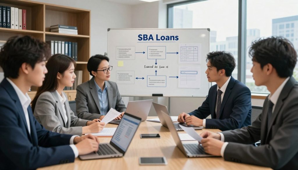 A professional business setting illustrating the step-by-step application process for SBA loans. In the foreground, a diverse group of business professionals in smart attire is gathered around a large conference table, discussing paperwork and laptops filled with financial data. The middle ground features visual aids like flowcharts and checklists on a whiteboard, depicting each application step. In the background, a well-lit office environment with shelves of financial books and a large window showcasing a cityscape. The overall mood is collaborative and focused, with warm lighting to create an inviting atmosphere. The image should have a realistic style, captured with a slightly angled perspective to showcase depth.