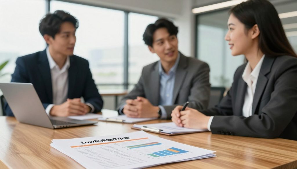 A professional business setting with a diverse group of three individuals discussing financial options around a sleek wooden table. In the foreground, a close-up of documents showcasing low-interest loan rates, with graphs and numbers clearly visible. The middle ground features the individuals—two men and one woman—dressed in smart business attire, engaged in conversation, reflecting collaboration and optimism. The background includes a modern office space with large windows, allowing natural light to flood the room, creating a warm and inviting atmosphere. The soft focus on the background emphasizes the subjects, while the overall mood conveys professionalism and hopefulness for small business owners seeking affordable financing options.