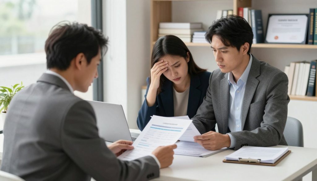 A professional credit counselor sitting at a sleek, modern office desk, expertly engaging with a distressed client, both appearing focused and serious. The foreground showcases the counselor, a middle-aged individual in a tailored suit, proactively analyzing financial documents. In the middle, the client, a young adult, looks relieved while reviewing a clear financial plan on a laptop. The background includes shelves filled with financial books and diplomas, symbolizing expertise. Soft, natural light floods the room through large windows, creating an inviting and hopeful atmosphere. The camera angle is slightly above eye level, providing a collaborative, yet professional perspective that emphasizes teamwork and trust in the credit counseling process.