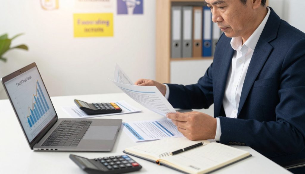 A professional credit repair consultant seated at a modern desk, reviewing financial documents and credit reports. In the foreground, a laptop displays graphs indicating rising credit scores. The consultant, a middle-aged individual in smart business attire, is focused, with a determined expression. In the middle, various credit repair tools and resources are organized neatly: pamphlets, a calculator, and a notepad filled with notes. The background depicts a bright, well-lit office with motivational quotes on the wall related to financial improvement. Soft, warm lighting enhances the productive atmosphere, while the lens captures a slightly angled view, conveying a sense of depth. The overall mood is hopeful and inspirational, symbolizing the journey towards better credit health.