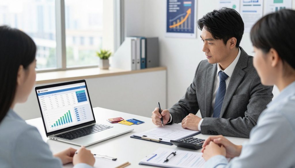 A professional financial advisor in business attire is seated at a modern desk, engaged in a detailed consultation with a couple looking to consolidate their debt. In the foreground, a laptop is open, displaying a digital dashboard with charts and graphs indicating balance transfer options. The middle ground features a stack of credit cards, a calculator, and notepads filled with notes and checklists. The background showcases a bright, inviting office environment with soft lighting, large windows showing a cityscape, and motivational posters related to financial growth. The atmosphere is focused and productive, evoking a sense of professionalism and clarity in the balance transfer process.