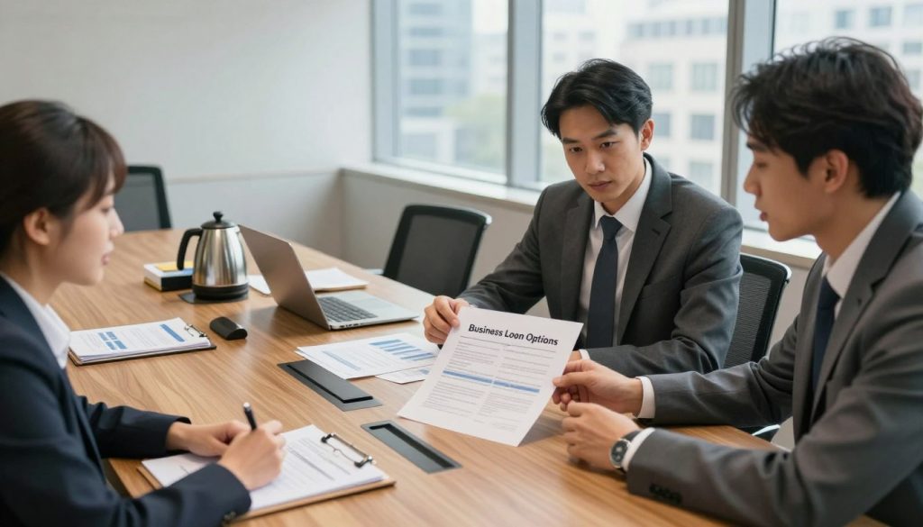 A professional-looking office environment with a focus on a business meeting in progress. In the foreground, a diverse group of three individuals in formal business attire—two men and one woman—eagerly discussing a document titled “Business Loan Options.” The middle ground shows a large wooden conference table adorned with financial reports and laptops, alongside a coffee pot and notepads for brainstorming ideas. In the background, tall windows allow natural light to flood the room, displaying a cityscape outside, suggesting a dynamic urban setting. The atmosphere is focused and collaborative, conveying determination and optimism in securing business loans despite credit challenges. Soft, warm lighting emphasizes the professionalism and seriousness of the discussion. Shot with a slightly elevated angle to capture both the participants and the documents clearly.