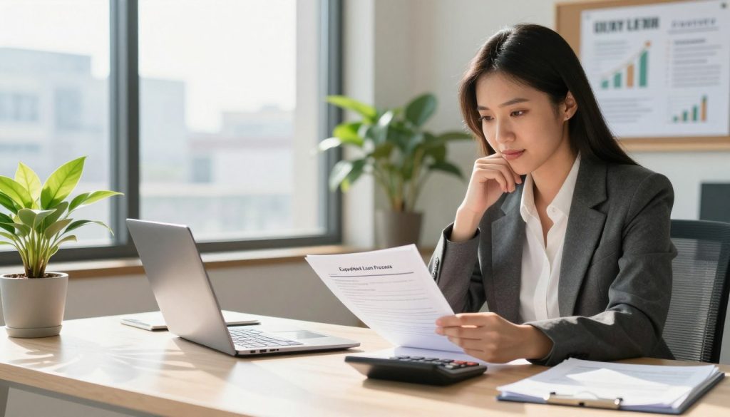 A professional office environment showcasing a small business owner, a woman in smart business attire, sitting at a modern desk filled with paperwork and a laptop. In the foreground, focus on a stack of loan application documents labeled “Expedited Loan Process,” with a calculator and a thoughtful expression on her face as she reviews them. In the middle, display a large window allowing natural light to flood into the room, illuminating a potted plant and a vision board with growth strategies. In the background, a subtle hint of a busy urban landscape can be seen through the window, conveying a sense of urgency and opportunity. The mood is hopeful and focused, with a warm color palette emphasizing a sunny day to evoke positivity around quick financial solutions. The composition should be clear and professional, shot from a slight angle to create depth.