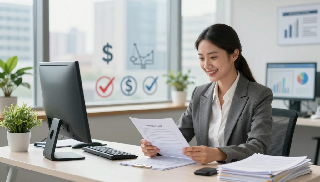 A professional office environment with a bright, welcoming atmosphere. In the foreground, a neatly dressed businesswoman with a friendly smile is reviewing loan documents at a sleek, modern desk. Surrounding her are stacks of paperwork, a computer showing financial graphs, and a potted plant for a touch of greenery. In the middle ground, a subtle display of financial icons like dollar signs and approval stamps. In the background, a large window lets in natural light, showcasing a bustling cityscape, symbolizing opportunity and growth. The overall lighting is warm and inviting, while the angle is slightly elevated to capture both the subject and the dynamic environment. The mood is optimistic and professional, reflecting the concept of quick loan approvals.