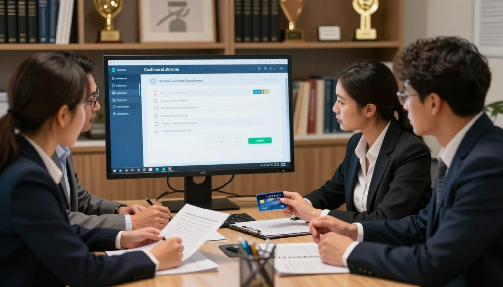 A professional office environment with a focus on a credit card approval process. In the foreground, a diverse group of individuals in smart business attire is seated at a conference table, reviewing documents and discussing the steps involved in credit card approval. In the middle ground, a large monitor displays a digital interface showing an application being processed, complete with checkboxes and status bars. The background features shelves filled with financial books and awards, creating an atmosphere of professionalism and trust. Soft, warm lighting illuminates the scene, highlighting the serious yet collaborative mood. The angle is slightly tilted to emphasize both the group and the digital interface, creating a dynamic composition that reflects teamwork and technology in finance.