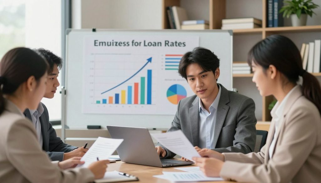 A professional office setting focusing on a diverse group of individuals engaged in a discussion about small business loan options. The foreground features two business professionals, one male and one female, both wearing smart business attire, examining documents and using a laptop. In the middle, a large whiteboard displays colorful charts and graphs illustrating competitive loan rates with arrows pointing upward, symbolizing growth and opportunity. The background includes shelves filled with financial books and a potted plant for a touch of warmth. Soft, natural lighting filters through a window, creating an inviting atmosphere, while a slight depth of field adds focus to the subjects. The overall mood conveys professionalism, collaboration, and optimism about financial accessibility.
