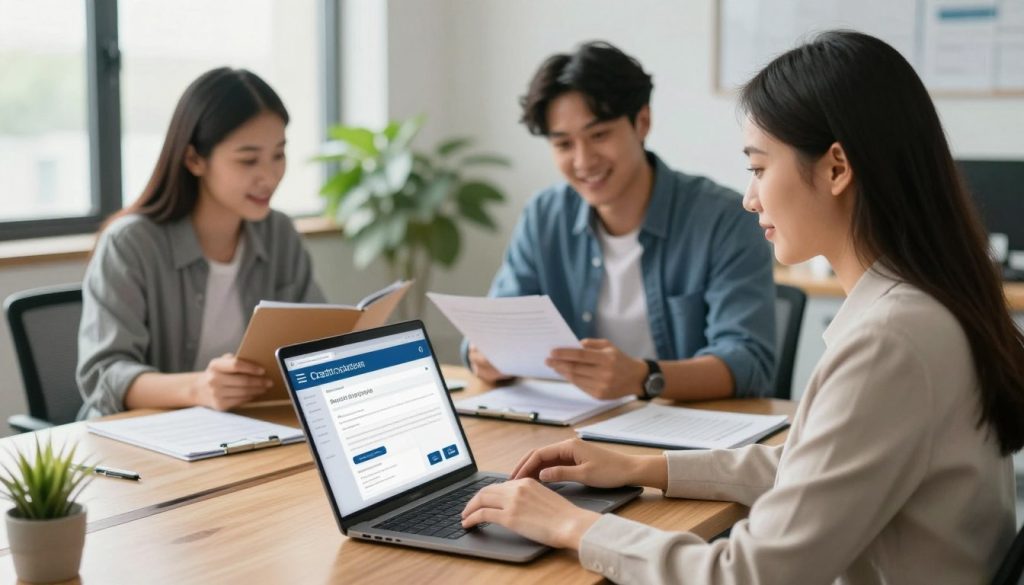 A professional setting depicting a diverse group of individuals engaged in the credit card application process. In the foreground, a focused woman in business attire, using a laptop to apply online, her screen shows a clean, user-friendly application interface. In the middle, two colleagues, a man and a woman casually discussing the application process, surrounded by folders and documents, hinting at tips for financial approval. The background features a modern office with soft, natural lighting filtering through large windows, plants adding a touch of warmth. The atmosphere is collaborative and optimistic, highlighting a sense of determination and professionalism. Use a wide-angle lens to capture the dynamic interaction and ensure clarity, emphasizing the importance of preparation and focus in achieving credit approval.