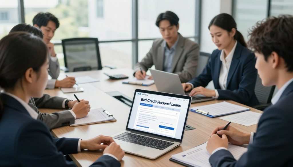 A professional setting featuring a diverse group of individuals in business attire gathered around a sleek conference table. In the foreground, there is a laptop displaying a user-friendly online loan application interface emphasizing “Bad Credit Personal Loans”. The middle layer includes documents and a calculator scattered across the table, symbolizing financial planning and consideration. The background showcases a modern office environment with large windows allowing natural light to illuminate the scene, creating a welcoming and optimistic atmosphere. The image should focus on collaboration and professionalism, with warm and inviting colors to evoke a sense of trust and hopefulness in financial endeavors. The composition should be dynamic, shot from a slightly elevated angle to capture the entire scene effectively.