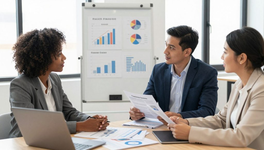 A professional setting focusing on alternative financing options for bad credit business owners. In the foreground, depict a diverse group of three business professionals: a Black woman in a tailored suit, a Hispanic man in a crisp shirt and blazer, and a Middle-Eastern woman in a smart casual outfit, engaged in a discussion around a table filled with financial documents, laptops, and brochures about financing. In the middle ground, show a whiteboard with graphs and charts illustrating various financing options. The background features a bright office space with large windows, letting in natural light, creating an optimistic atmosphere. Use a warm color palette to convey hope and opportunity while maintaining a candid, professional feel. Capture the scene from a slightly elevated angle to include both the group and the brainstorming materials prominently.