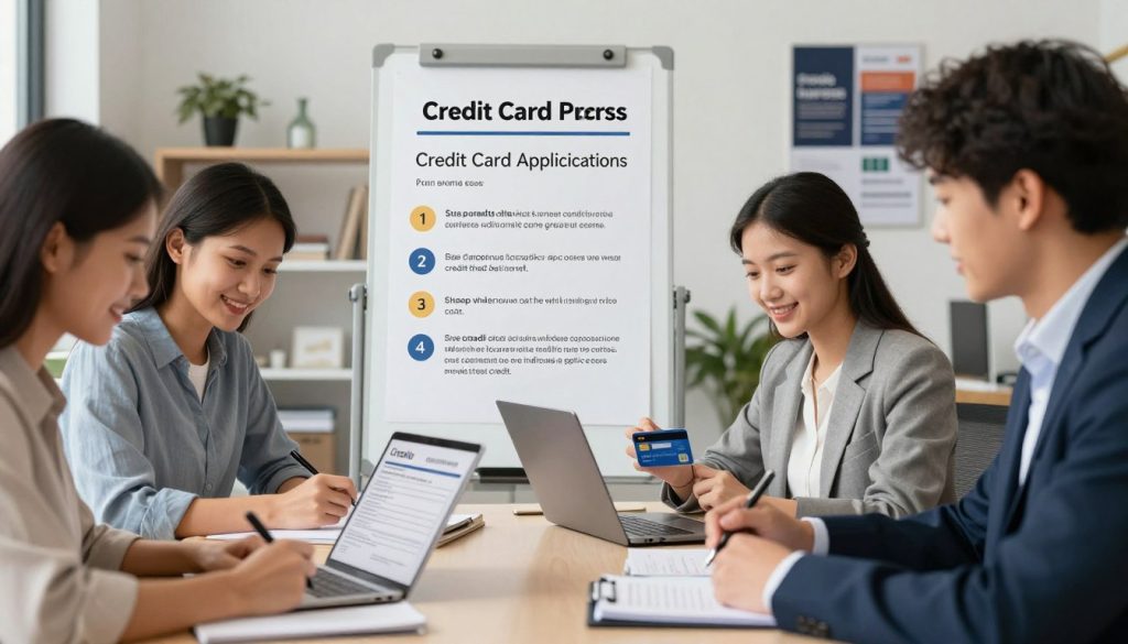 A professional setting illustrating the credit card application process. In the foreground, a diverse group of individuals in business casual attire is seated around a table reviewing credit card application forms, some with laptops open, and others jotting down notes. In the middle, a large, clear whiteboard showcases key points and steps involved in applying for credit cards, emphasizing accessibility for individuals with bad credit. The background features a softly lit office space, with smart-casual decorations and financial posters, creating an inviting, supportive atmosphere. The lighting is bright yet soft, enhancing focus, with a slight depth of field highlighting the engaged faces of the applicants. The overall mood is optimistic and collaborative, aiming to inspire confidence in the application process.