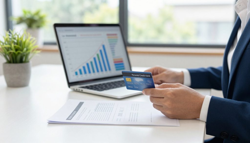 A scene showcasing the benefits of secured credit cards, focusing on a professional-looking individual seated at a modern desk in a bright and inviting office space. In the foreground, the person—dressed in smart business attire—is reviewing financial documents and a secured credit card, symbolizing financial strategy. The middle background features a laptop displaying graphs and charts related to credit scores, emphasizing improvement and stability. Bright, well-balanced lighting enhances the positive atmosphere, while soft-focus elements in the background include potted plants and a window revealing a sunny day outside. The overall mood is optimistic and empowering, highlighting the opportunities secured credit cards provide for individuals looking to rebuild their credit.