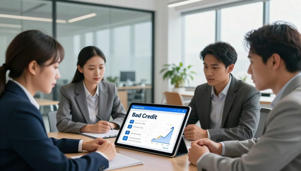 A split scene comparing online loans for bad credit. In the foreground, a diverse group of professionally dressed individuals is gathered around a large digital tablet, analyzing various loan options, with focused expressions. In the middle ground, a stylized infographic displays interest rates, payment terms, and approval times, with clear icons and graphs. The background features a modern, bright office setting with glass walls, contemporary furniture, and potted plants, creating a productive atmosphere. Soft, natural lighting streams in from large windows, enhancing the sense of openness and clarity. The mood is serious yet hopeful, reflecting the pursuit of financial opportunities.