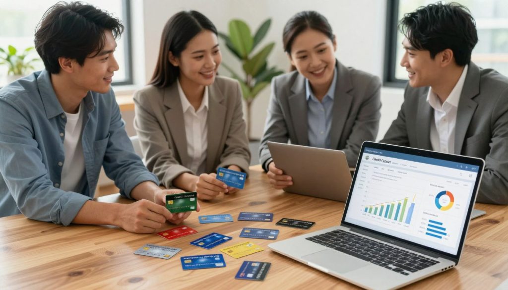A visually appealing scene showcasing various credit cards designed for individuals with bad credit, arranged on a sleek wooden table. In the foreground, emphasize an open laptop displaying financial charts and approval rates, symbolizing accessibility and empowerment. The middle ground features a diverse group of professional individuals—two men and two women, dressed in business attire—smiling as they discuss options together enthusiastically. The background can include a softly blurred office environment with plants to create a welcoming atmosphere. Use warm lighting to evoke a sense of optimism and hope. Capture the scene from a slightly elevated angle to give an overview of the cards and the interaction among the professionals, conveying a mood of support and financial optimism.