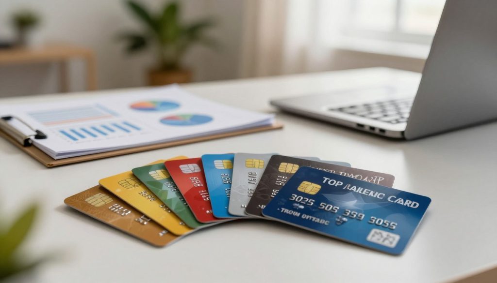 A visually compelling representation of top balance transfer credit cards designed for debt consolidation. In the foreground, display an array of colorful credit cards artfully fanned out, showcasing various designs, with the focus on their distinctive logos and promotional features like low interest rates and balance transfer offers. In the middle ground, place a sleek, modern desk with a financial planner and a laptop, suggesting productivity and organization. In the background, softly blurred, include hints of a cozy home office environment with plants and soft lighting, evoking a sense of calm and financial clarity. Use warm, inviting lighting to create a positive atmosphere, emphasizing a sense of control over personal finance. The overall mood should be professional yet approachable, illustrating the benefits of choosing the right balance transfer credit card.