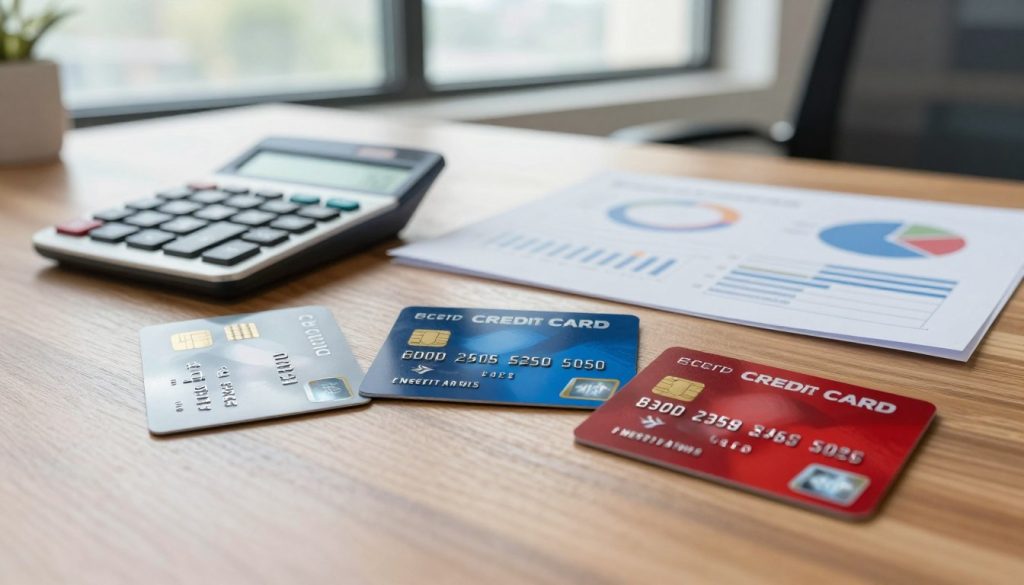 A visually engaging composition displaying a variety of secured credit cards laid out on a sleek wooden table. In the foreground, three distinct credit cards showcase different colors and features; one is metallic silver, another is a deep blue, and the last is a vibrant red. Each card reflects light subtly, emphasizing their glossy finishes. In the middle ground, a minimalist calculator and a financial report with pie charts and graphs provide context, suggesting a comparison process. The background features a softly blurred office setting with natural light streaming through a large window, creating a professional yet inviting atmosphere. The overall mood is focused and analytical, suited for readers seeking to make informed financial decisions.